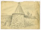 И.Ф. Дембский. «Башня Соловецкого монастыря». Рисунок. 1936. 8-е Соловецкое спецотделение ББК НКВД (Соловецкие о-ва, Архангельская обл.). Иван Фелицианович Дембский (1880-1937) находился в заключении на Соловках в 1936-1937. 6 ноября 1937 расстрелян в Сандармохе