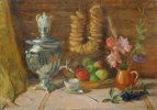 "Натюрморт с самоваром" 1939, Горелов Ростислав Гаврилович (по подписи). Холст, картон, масло. 50х70