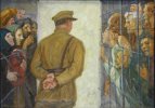 "Прощание перед этапом". Живопись. 1980-е, Москва. Ростислав Гаврилович Горелов (1916–2004) - художник-живописец. Перед арестом - студент Московского полиграфического института. В декабре 1933 был приговорен к двум годам ИТЛ по обвинению в участии в нелегальной контрреволюционной террористической группе "Голубая лилия". В 1934-1935 отбывал срок в Темлаге (ст. Потьма, Мордовская АССР). Работал на лесоповале