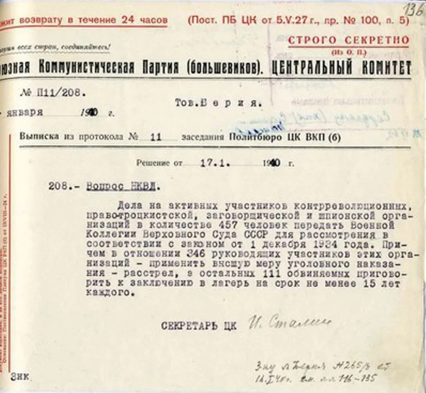 приговоры Военной Коллегии Верховного Суда Союза ССР от 21-го января 1940 года в отношении осужденных к высшей мере уголовного наказания - РАССТРЕЛУ