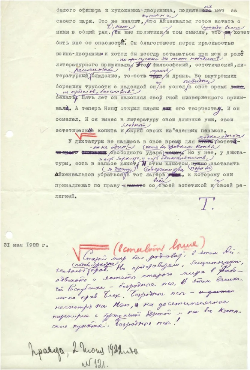 Статья Л.Д.Троцкого "Диктатура, где твой хлыст ?", опубликованная в газете "Правда", 1922 г., 2 июня, № 121.