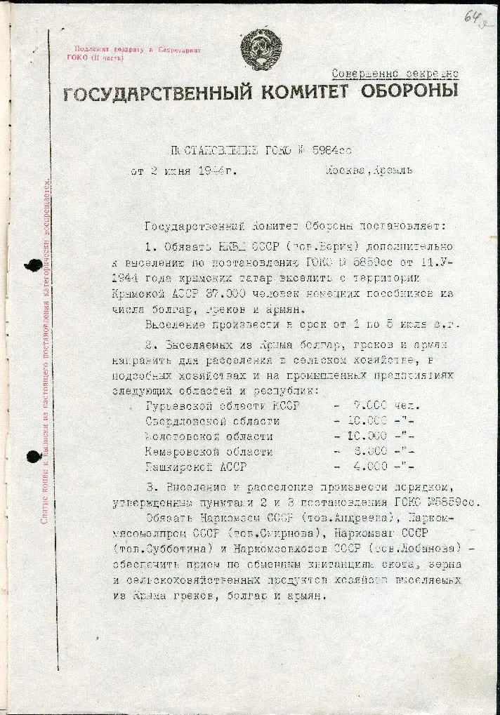 Постановление Государственного комитета обороны СССР о выселении с территории Крыма болгар, греков и армян (с приложениями)