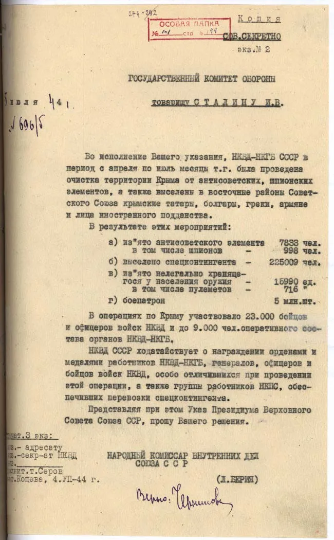 Докладная записка наркома внутренних дел СССР Л.П. Берии И.В. Сталину о результатах мероприятий по очистке территории Крыма от антисоветских и шпионских элементов в период с апреля по июль 1944 г.
