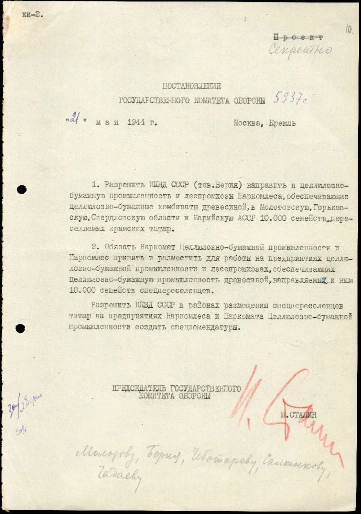 21 мая Постановление Государственного Комитета Обороны № 5937с о направлении в целлюлозно-бумажную промышленность и леспромхозы 10 тысяч семей депортированных крымских татар