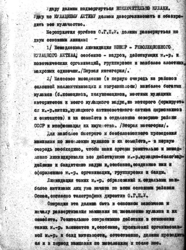 Приказ ОГПУ № 44/21 о мероприятиях по ликвидации кулачества как класса от 2 февраля 1930 г