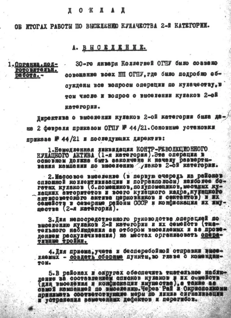 Приказ ОГПУ № 44/21 о мероприятиях по ликвидации кулачества как класса от 2 февраля 1930 г