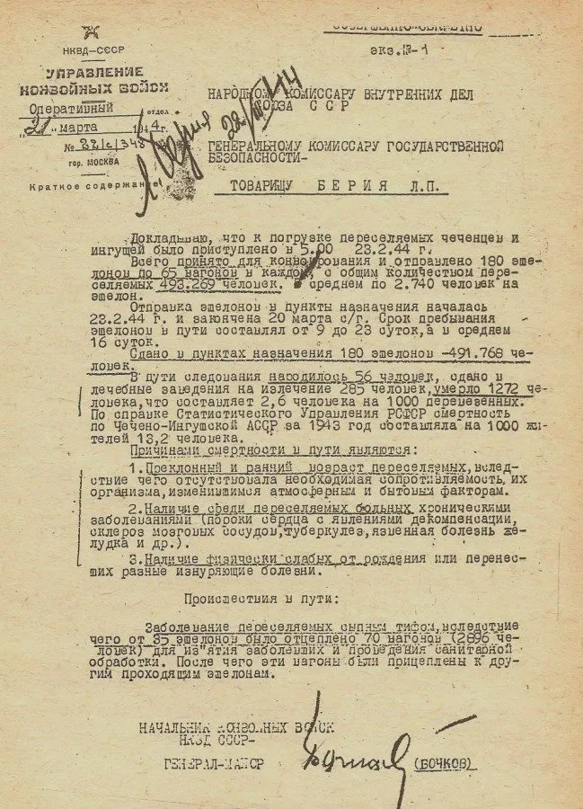 Доклад о ходе депортации чеченцев и ингушей. 21 марта 1944 года
