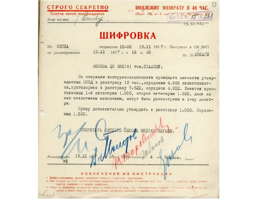 Der chiffrierte Telegramm aus Omsk vom 19.11.1937 über die Operation gegen konterrevolutionäre kulakische Elemente (Unterschriften: Stalin, Molotow, Woroschilow, Schdanow, Jeschow).