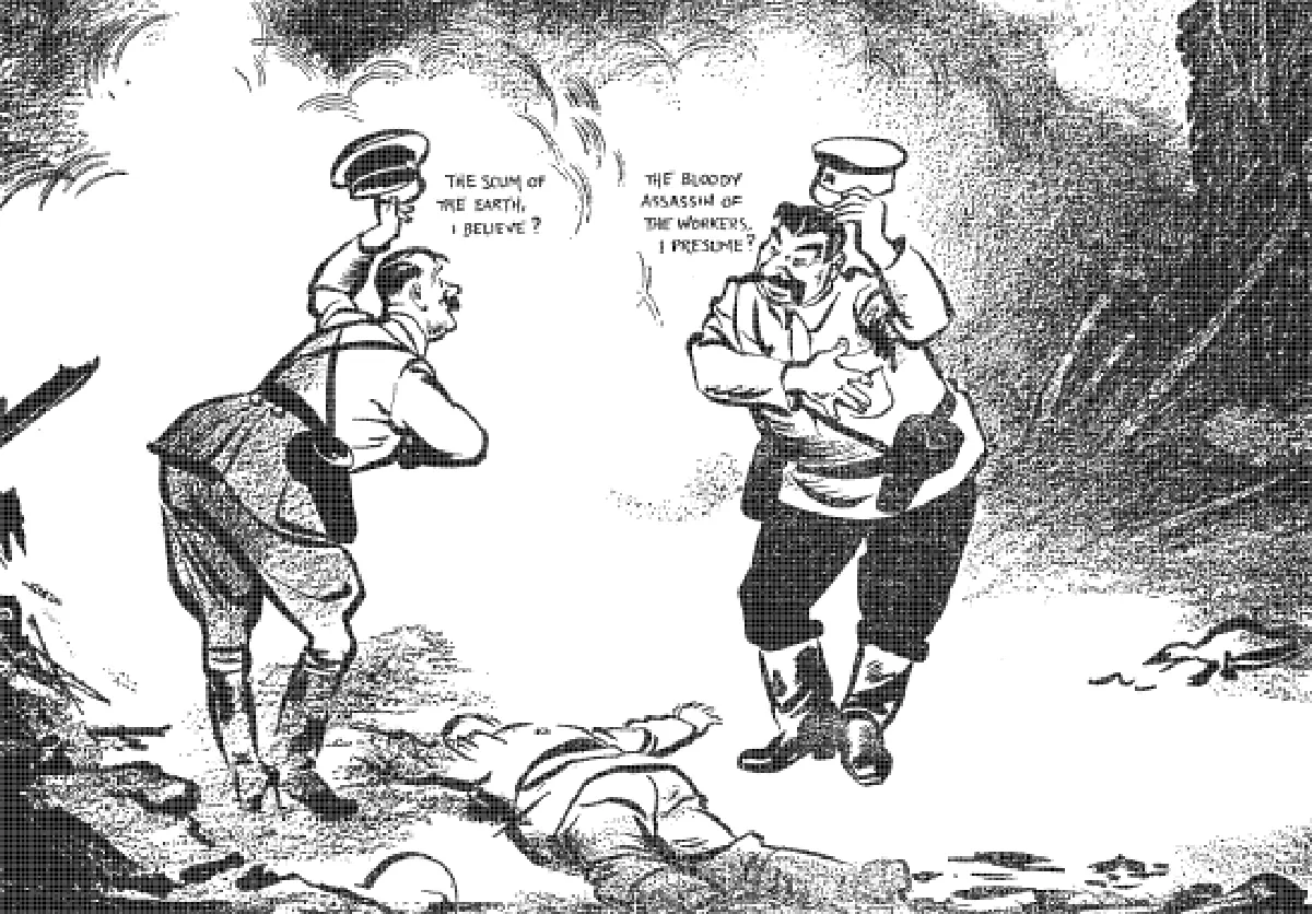 «Рандеву». Карикатура Дэвида Ло. Опубликована в британской газете Evening Standard 20 сентября 1939, изображает встречу Гитлера и Сталина после раздела Польши. Гитлер: «Отброс человечества, если не ошибаюсь?» Сталин: «Кровавый убийца рабочих, я полагаю?»