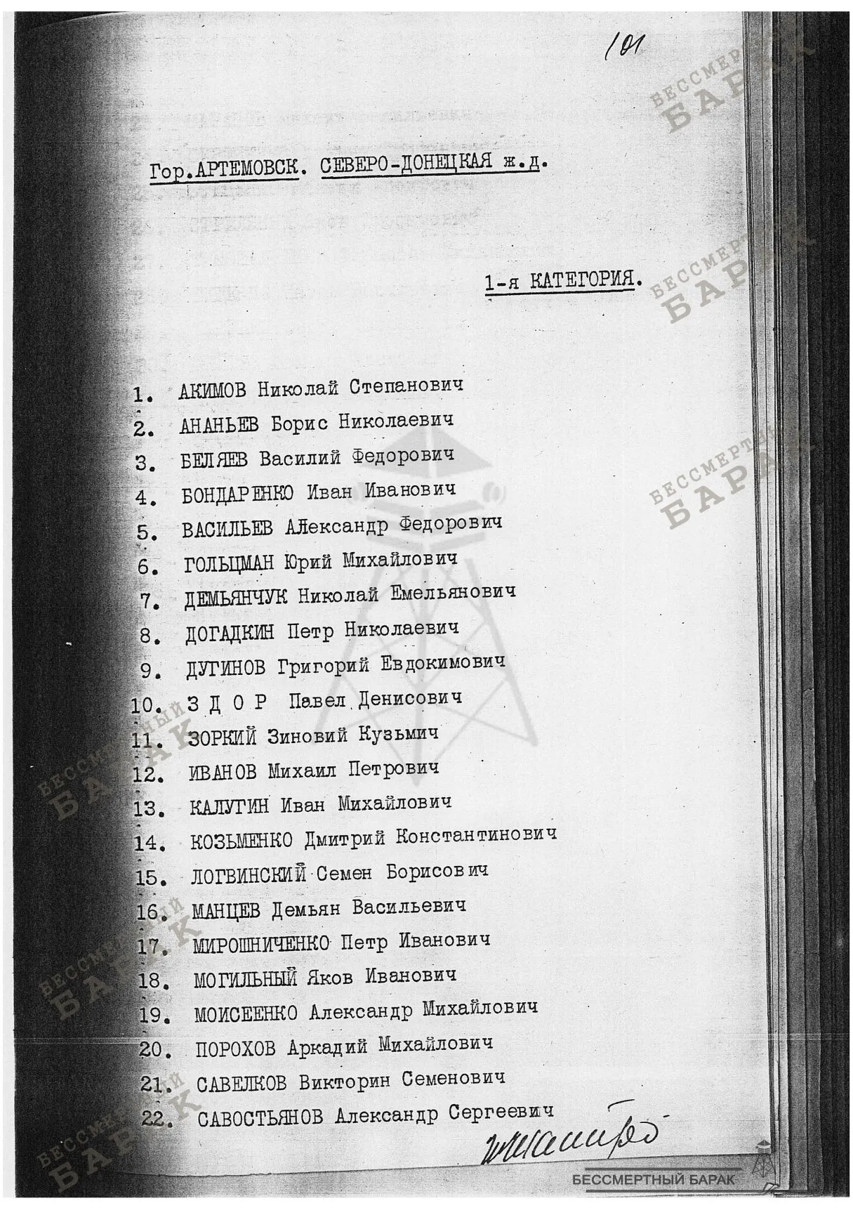 Список лиц - Украинская ССР,г.Киев-Юго-Западная ж.д., г.Одесса-Одесская ж.д.,г.Днепропетровск-Сталинская ж.д.,г.Артемовск-Северо-Донецкая ж.д.,г.Харьков-Южная ж.д.