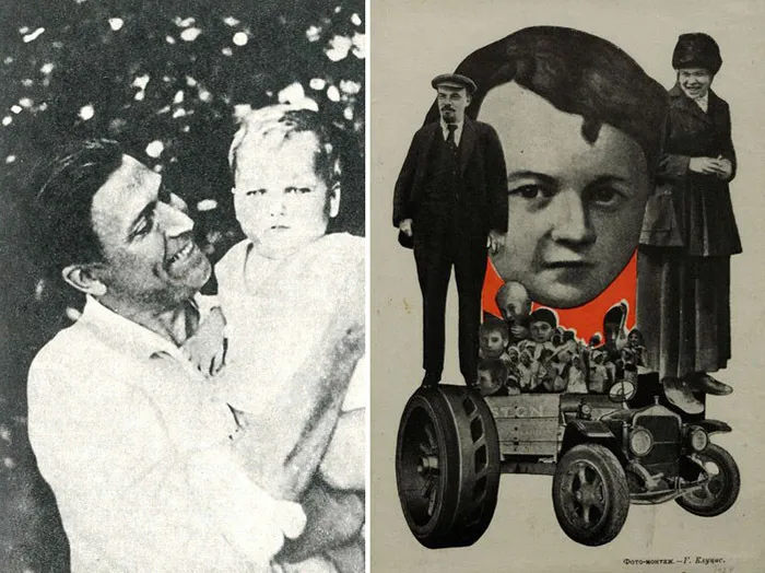 Слева: Густав Клуцис (1895–1938). Клуцис был арестован в январе 1938 года. В феврале того же года расстрелян. Реабилитирован в 1956 году. На фото: Густав Клуцис с сыном Эдвардом. Источник: Панорама искусств. Выпуск 13. М.: Советский художник, 1990. Стр. 9. Справа: Густав Клуцис. Ленин и дети. Фотомонтаж из журнала «Молодая гвардия». 1924. Бумага, цветная печать. Государственный музей В.В. Маяковского, Москва