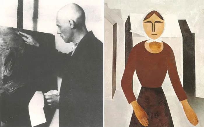 Слева: Александр Древин (1889–1938). Арестован в январе 1938 года. В феврале того же года расстрелян. Реабилитирован в 1957 году. На фото: Александр Древин за работой. Ок. 1932. Из книги «Александр Древин в музейных собраниях» (М.: RA, 2003). Справа: Александр Древин. Беженка. Женщина в белом платке. 1917. Холст, масло. Государственная Третьяковская галерея, Москва
