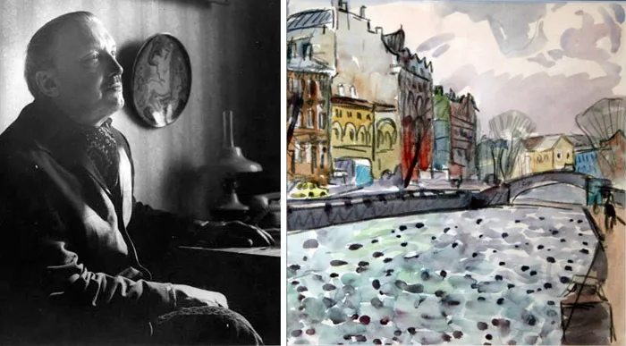 Слева: Георгий Филипповский (1909–1987). Арестован в мае 1938 года, осужден на пять лет исправительно-трудовых лагерей в Коми АССР. На фото: Григорий Филипповский. Источник: acdoyle.ru. Справа: Георгий Филипповский. Набережная Яузы. Начало 1970-х. Бумага, акварель, черный карандаш. Источник: галерея «Элизиум»