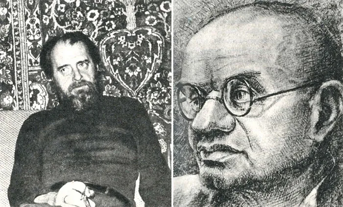 Слева: Алексей Арцыбушев (1919). Арестован в мае 1946 года, осужден на шесть лет исправительно-трудовых галерей. Реабилитирован в 1956 году. На фото: Алексей Арцыбушев. Источник: Панорама искусств. Выпуск 13. М.: Советский художник, 1990. Стр. 23. Справа: Алексей Арцыбушев. Лагерный портрет Н.С. Романовского. 1952. Бумага, карандаш. Источник: Панорама искусств. Выпуск 13. М.: Советский художник, 1990. Стр. 23