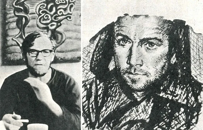 Слева: Юло Соостер (1924–1970). Арестован в 1949 году, осужден на десять лет исправительно-трудовых лагерей. Реабилитирован в 1956 году. На фото: Юло Соостер. Источник: Панорама искусств. Выпуск 13. М.: Советский художник, 1990. Стр. 22. Справа: Юло Соостер. Портрет заключенного. 1953. Бумага, тушь, перо. Источник: Панорама искусств. Выпуск 13. М.: Советский художник, 1990. Стр. 22