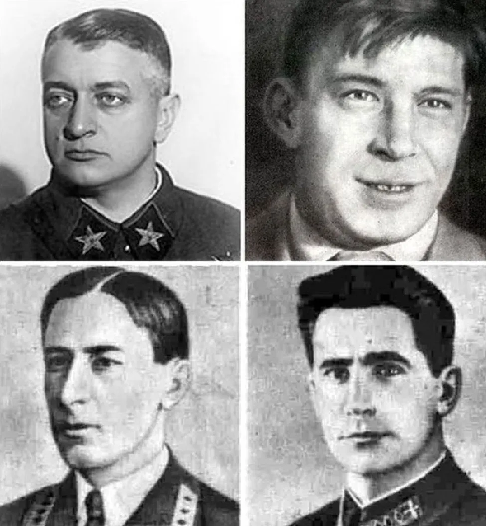 (слева-направо, сверху-вниз) 1. Михаил Николаевич Тухачевский 2.Александр Васильевич Косарев З.Петр Ионович Баранов 4.Яков Иванович Алкснис